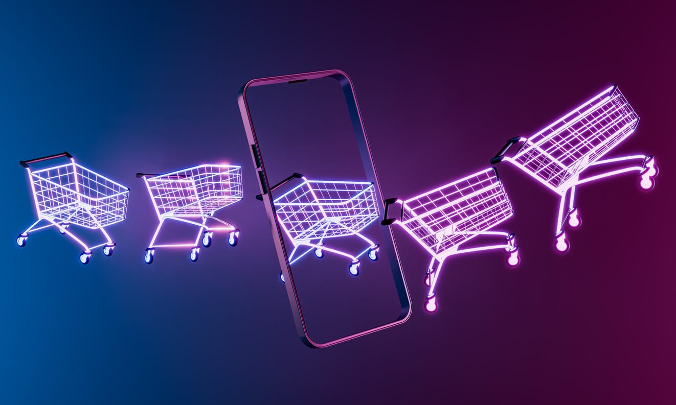 a graphic of neon shopping carts and a phone